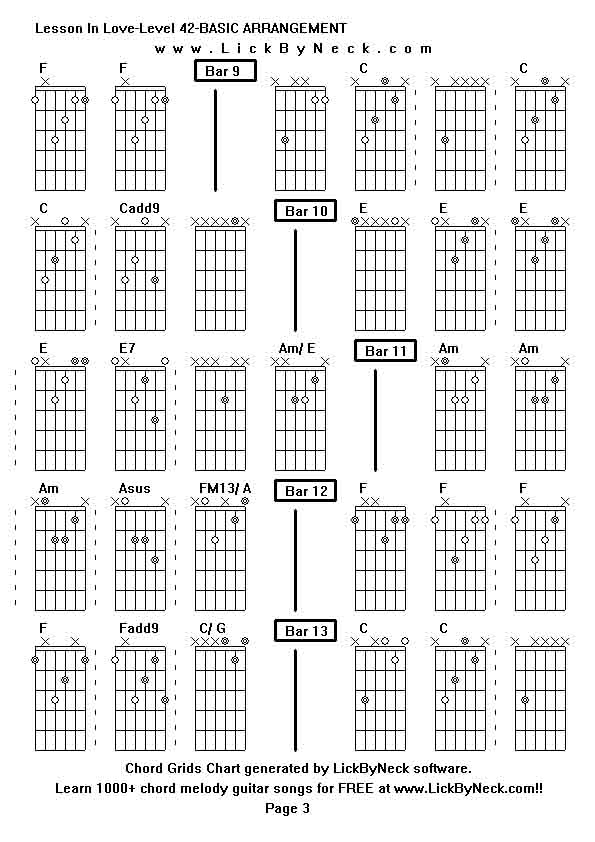 Chord Grids Chart of chord melody fingerstyle guitar song-Lesson In Love-Level 42-BASIC ARRANGEMENT,generated by LickByNeck software.